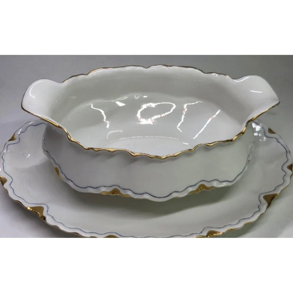 Antique Haviland Limoges Gravy Boat With Attached Under Plate Gold Blue France